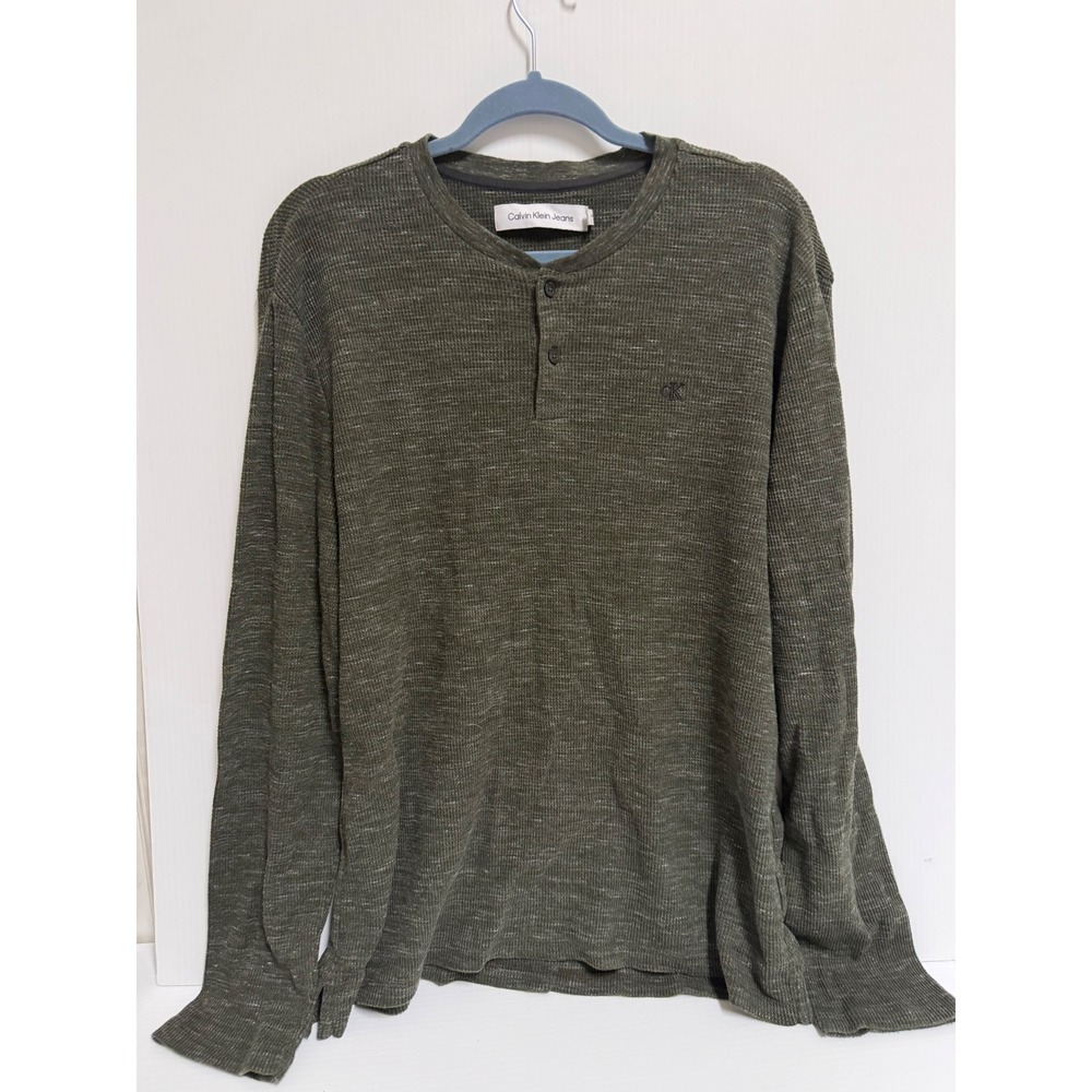 Calvin Klein Jeans Mens Large Olive Green Waffle Knit Thermal Henley Shirt L